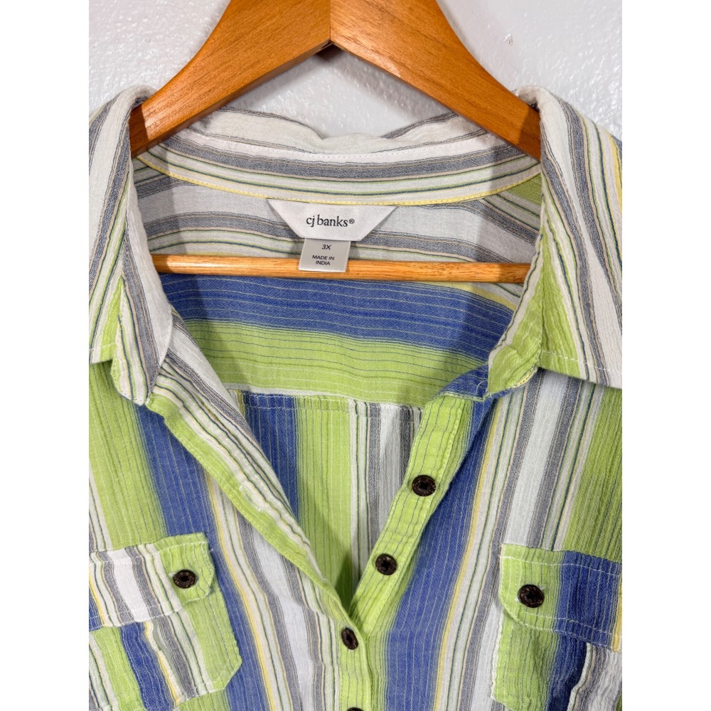 CJ Banks Shirt Women's 3X Blue Green Gauze Striped Roll Tab Sleeve Tunic - Picture 3 of 7